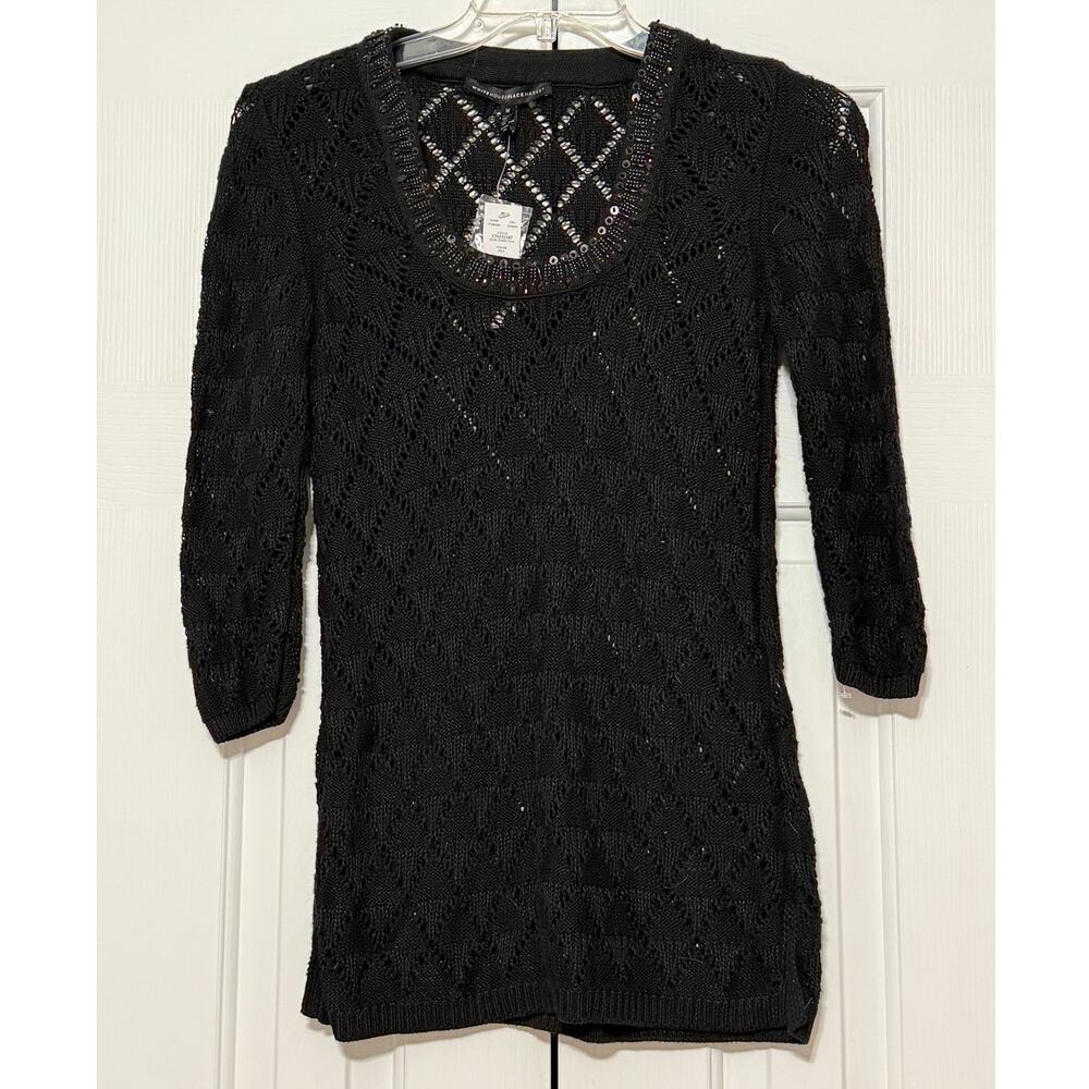 NWT White House Black Market Crochet Beaded Tunic Sweater, Black, Size M